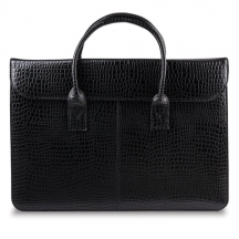 Портфель-сумка женский из натуральной кожи, 38х28х8 см, под крокодила, 2 отдела, клапан с магнитом, черный, 8-095#S