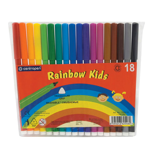 Фломастеры 18 ЦВЕТОВ CENTROPEN "Rainbow Kids", круглые, смываемые, вентилируемый колпачок, 7550/18ET, 7 7550 1802, 4шт.#S