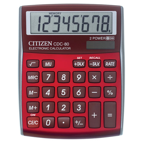 Калькулятор настольный CITIZEN CDC-80RDWB, МАЛЫЙ (135х109 мм), 8 разрядов, двойное питание, БУРГУНДИ#S