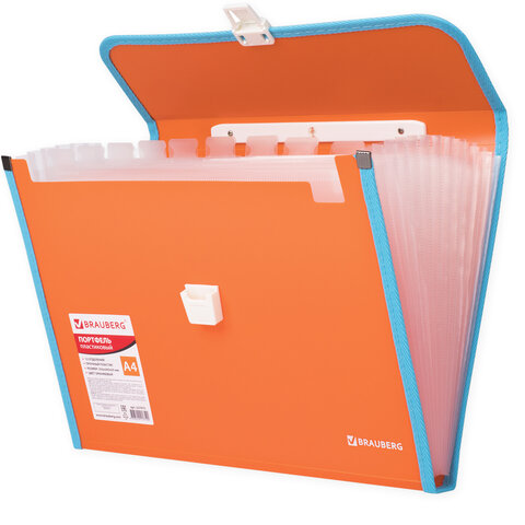 Папка-портфель пластиковая BRAUBERG "JOY", А4 (330х245х35 мм), 13 отделений, с окантовкой, оранжевая, 227975#S