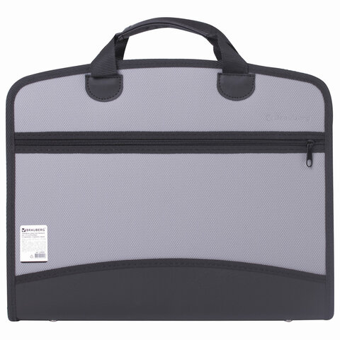 Папка-портфель пластиковая BRAUBERG А4+ (375х305х60 мм), 4 отделения, 2 кармана, серая, 228685#S