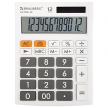 Калькулятор настольный BRAUBERG ULTRA-12-WT (192x143 мм), 12 разрядов, двойное питание, БЕЛЫЙ, 250496#S