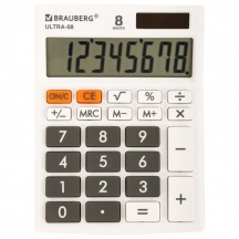 Калькулятор настольный BRAUBERG ULTRA-08-WT, КОМПАКТНЫЙ (154x115 мм), 8 разрядов, двойное питание, БЕЛЫЙ, 250512#S