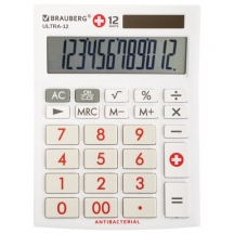 Калькулятор настольный BRAUBERG ULTRA-12-WAB (192x143 мм), 12 разрядов, двойное питание, антибактериальное покрытие, БЕЛЫЙ, 250506#S