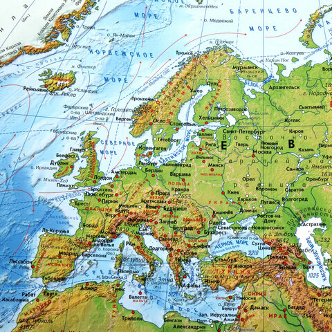 Карта мира физическая 101х66 см, 1:29М, с ламинацией, интерактивная, европодвес, BRAUBERG, 112377, 4шт.#S