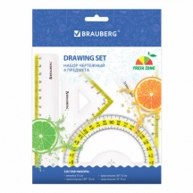 Набор чертежный малый BRAUBERG "FRESH ZONE" (линейка 15 см, 2 треугольника, транспортир), желтая шкала, 210762, 12шт.#S